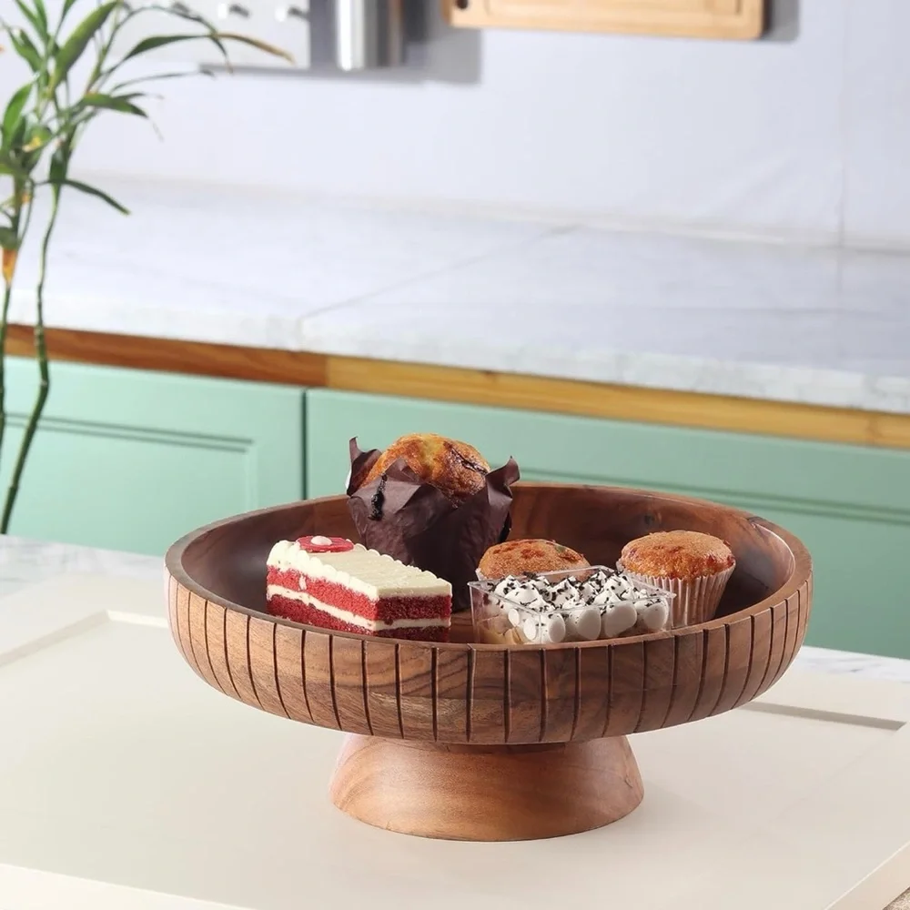NEW West Elm Large Wood Boho Carved Scalloped Decorative Fruit Bowl Centerpiece